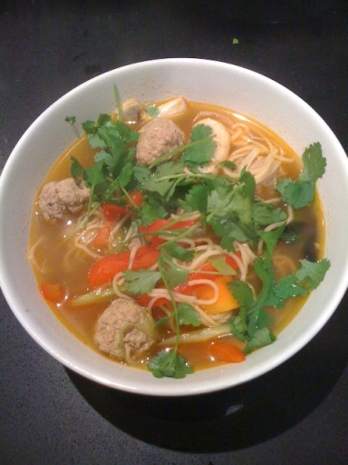 Asian style noodle soup with turkey meatballs